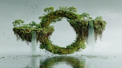 Levitating Green Ring with Twin Waterfalls