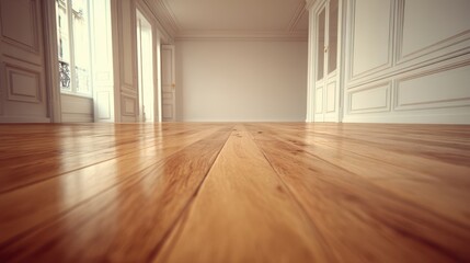 A High Resolution image of empty room with polished wooden floor and large windows.