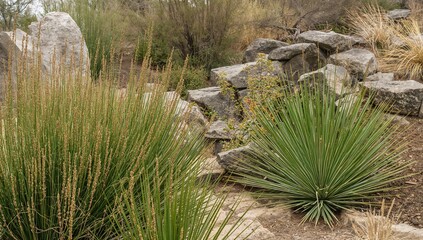 Garden with drought-tolerant greenery and stone elements inspired by arid vegetation