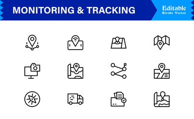 Monitoring And Tracking Solution icon collection. Unique And Minimal Line Icon Pack with Editable, Pixel-Perfect Design