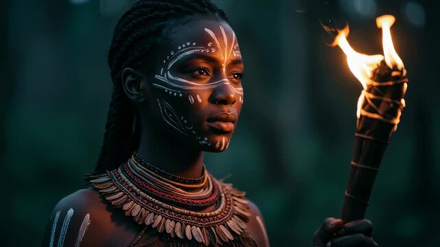 African woman with face paint in traditional tribal setting. Authentic female art and culture expression video.