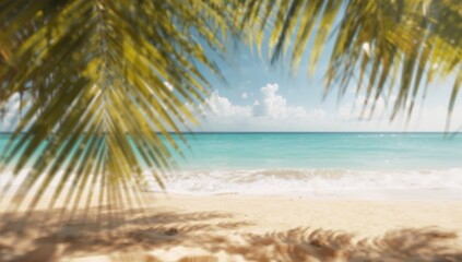 Tropical beach scene with blurred palm leaf created by AI
