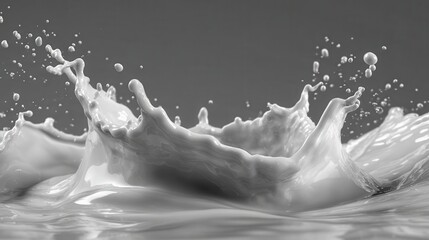 Monochrome photo shows a liquid crown splash with droplets and wave ripples. Use in advertising or presentations related to dairy and freshness.