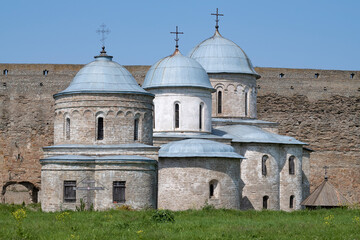Ancient temples of the Ivangorod fortress close-up on a sunny July day. Leningrad Oblast, Russia