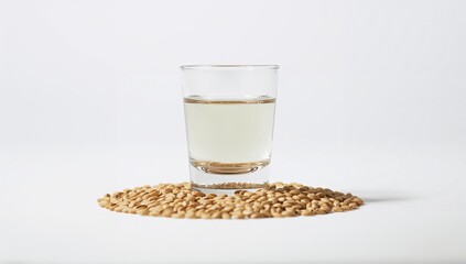 Shot glass filled with wheat schnapps alongside scattered wheat grains on a white surface
