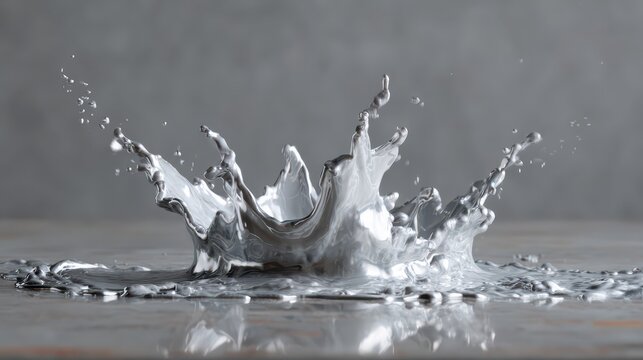 Silver liquid splash, crown shape, against a gray background. For concepts like liquids, movement, or high-speed photography.