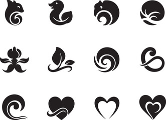 Fototapeta premium set of animal or green leaf black and white icons