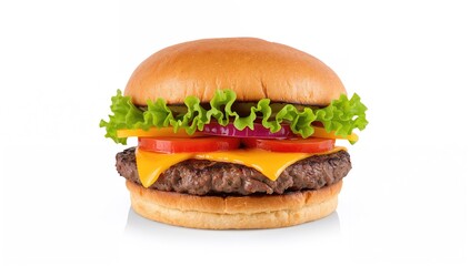 Single hamburger on a plain white backdrop