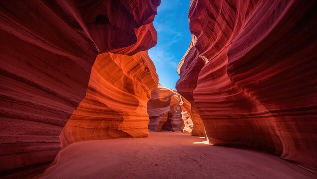Sculpted rock formations illuminated by vibrant red hues in a narrow slot canyon