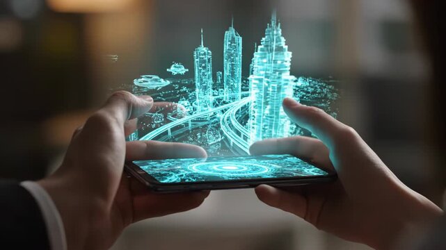 A person's hands interact with a holographic projection of a futuristic city emanating from a smartphone.