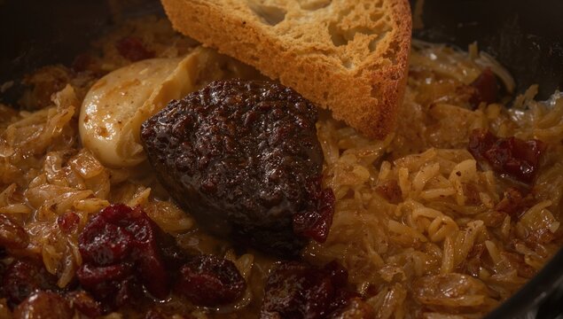 Pan-fried blood sausage served with rice, garlic slice, and bread piece