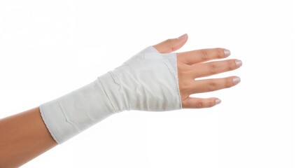 Injured hand wrapped in white gauze with a gentle finger splint, isolated on a white backdrop