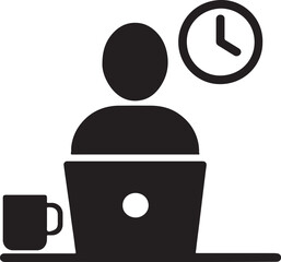 Freelancer working on laptop with cup and minimalist clock symbolizing focus and time.