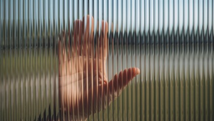 Obraz premium Close-up of a hand seen through textured glass with natural light outdoors