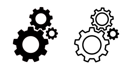 Black gear combination featuring interlocking cogwheels with bold solid and outline styles, clean vector on transparent background. Perfect for teamwork, system, and engineering design.