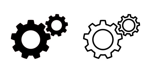 Black gear combination featuring interlocking cogwheels with bold solid and outline styles, clean vector on transparent background. Perfect for teamwork, system, and engineering design.
