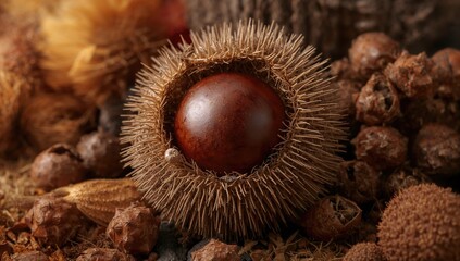 Detailed close-up of a chestnut enclosed in its spiky husk