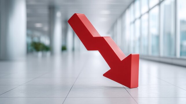 Red downward arrow on floor in modern interior, representing decline, loss, failure, or negative trend in business or economy, guiding viewer thoughts - Powered by Adobe
