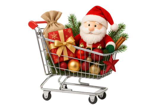 Santa Claus in shopping cart with gifts. Christmas. Shopping. Festivity.