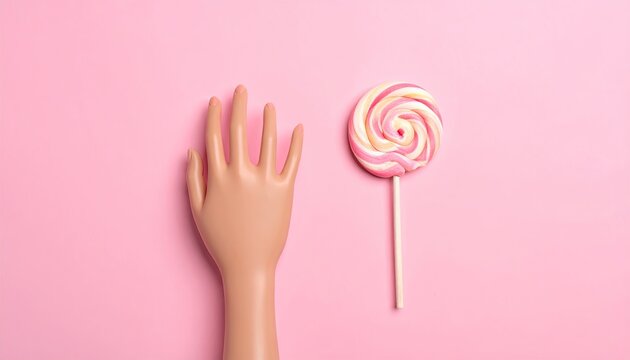 Toy hand reaching for lollipop on pink. Playful temptation for ads or designs