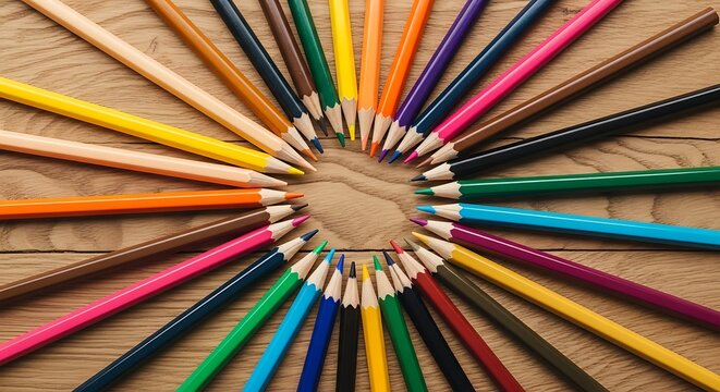 Colorful Pencils Arranged in a Circle on Wooden Surface.