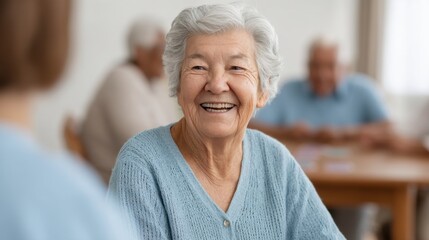 Joyful elderly woman smiling while engaging with friends in a cozy indoor setting, showcasing happiness and companionship in senior living activities