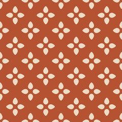 Simple floral seamless pattern. Cute vector geometric texture with leaves, bold flower silhouettes. Retro nostalgic mid-century style background. Brick red and beige color. Repeat minimal design