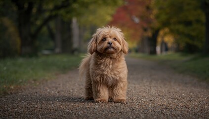 A shaggy brown stray dog on a stone surface