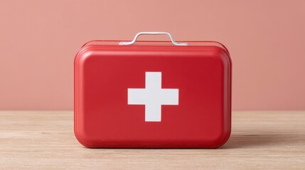 Fototapeta premium Red First Aid Kit on Wooden Table with Pink Background for Health Safety and Emergency Preparedness Conceptual Imagery