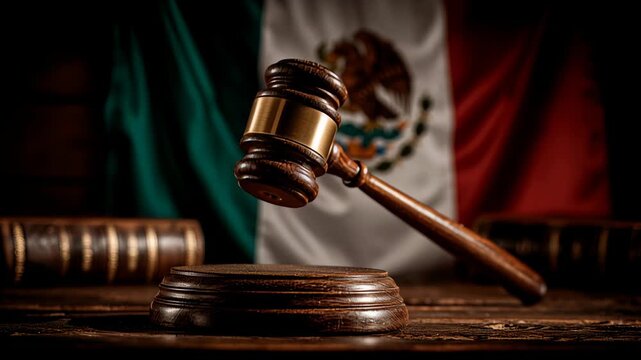 Judge's gavel and block against the flag of Mexico. Mexican court conceptual animation
