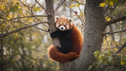 Fototapeta premium A crimson panda ascended a tree