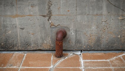 A bent brown tube emerging from pavement tiles with a gray cement wall in the backdrop