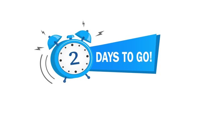Animated blue alarm clock ringing showing 2 days to go
