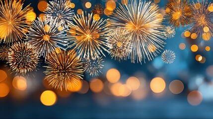 Golden fireworks exploding in night sky with blurred orange bokeh lights and dark blue background with copy space. Concept of festive celebration and joyful atmosphere