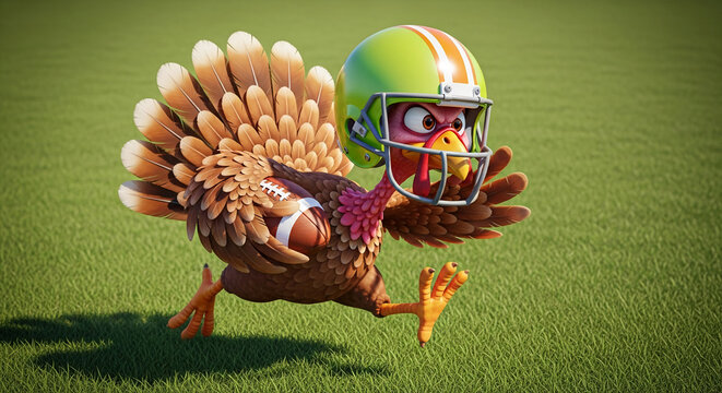 Cartoon turkey wearing football helmet, running with ball on green grass, playful Thanksgiving image, fun mascot concept