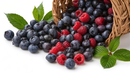 Assortment of wild berries including fresh huckleberries and ripe red raspberries with green foliage in a basket on a white backdrop