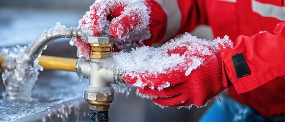Frozen pipe repair close up of worker fixing iced plumbing fitting outdoors