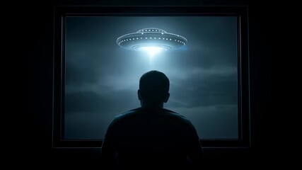 Man looks through window at a flying saucer ufo, science fiction scene of alien spaceship during a nighttime invasion. - Powered by Adobe