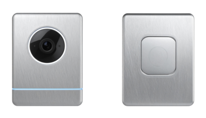 Two modern smart doorbells with metallic silver finish isolated on transparent background