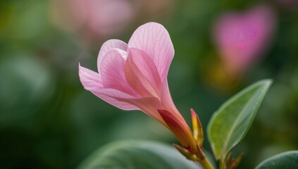 Fototapeta premium Detailed view of a stunning Begonia grandis blossom in full bloom with a softly focused natural backdrop