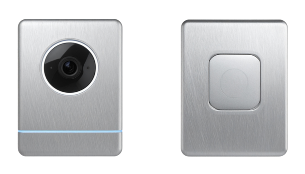 Two modern smart doorbells with metallic silver finish isolated on transparent background