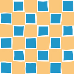 Seamless pattern with wavy blue squares on a sandy yellow background. Abstract geometric design reflecting playful retro and summer vibes