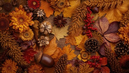 Fall arrangement with seasonal flowers, leaves, acorns, pine cones, and star anise. Overhead flat lay with empty space.