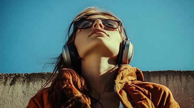 A woman wearing sunglasses and headphones looks up at the clear blue sky, possibly lost in thought or inspired by nature