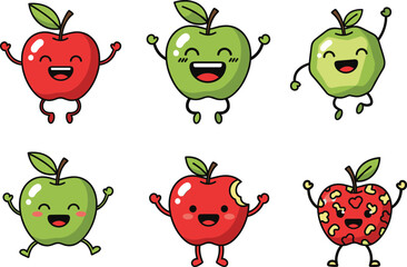 Cartoon apple character set, cute fruit illustrations, playful healthy food clipart, kids vector design, whimsical snack icons, stylized orchard graphics