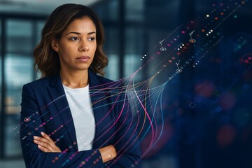 Thoughtful businesswoman with digital overlay standing in a modern office
