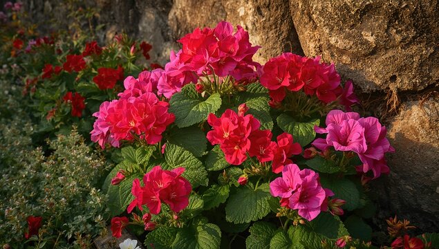 Vibrant fish geranium flowers in a garden showcasing pink and red petals up close - Powered by Adobe