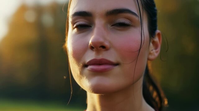Close portrait of a woman exhaling breath vapor in sunlight. Relaxing moment in nature for wellness, health and fresh air footage.