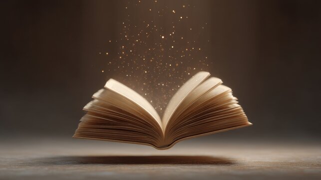 Open book with magical glowing particles floating above pages, captivating action of creativity and imagination in a mystical setting