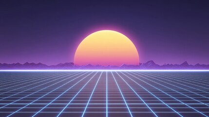 Futuristic Landscape with Neon Grid and Setting Sun Over Mountain Range in Purple and Orange Hues, Ideal for Retro and Sci-Fi Themes